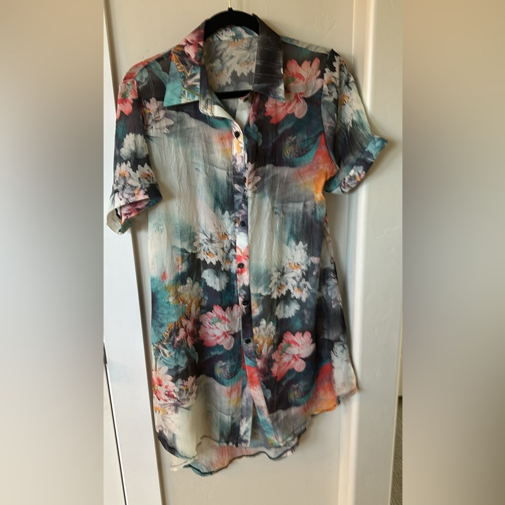 Sheer shirt dress watercolor print